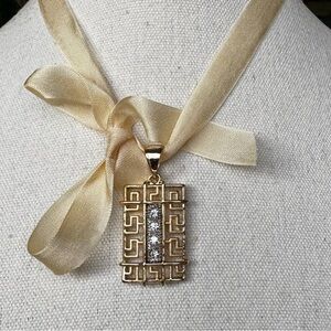 Deco Style Gold Tone Greek Key Rhinestone Geo Architectural Necklace Pendant